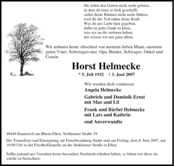 Traueranzeige von Horst Helmecke von Tageszeitung