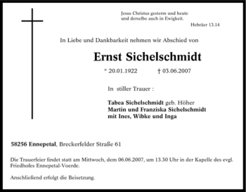 Traueranzeige von Ernst Sichelschmidt von Tageszeitung