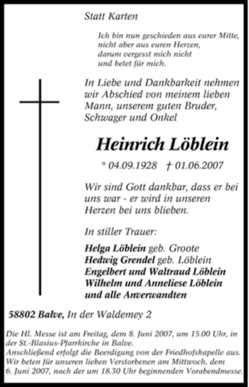 Traueranzeige von Heinrich Löblein von Tageszeitung