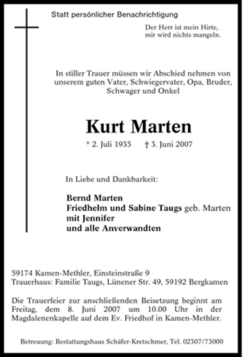 Traueranzeige von Kurt Marten von Tageszeitung