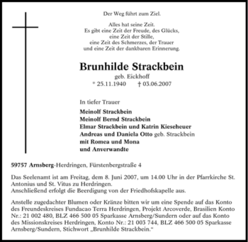 Traueranzeige von Brunhilde Strackbein von Tageszeitung