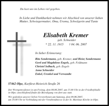 Traueranzeige von Elisabeth Kremer von Tageszeitung