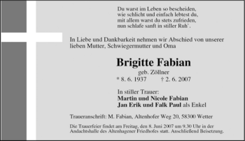 Traueranzeige von Brigitte Fabian von Tageszeitung