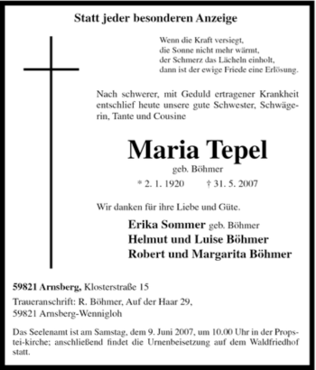 Traueranzeige von Maria Tepel von Tageszeitung