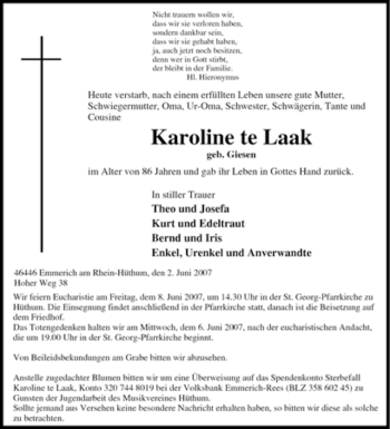 Traueranzeige von Karoline te Laak von Tageszeitung