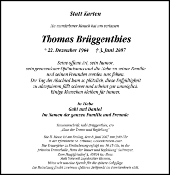 Traueranzeige von Thomas Brüggenthies von Tageszeitung