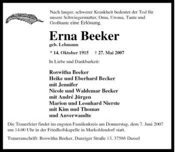 Traueranzeige von Erna Beeker von Tageszeitung