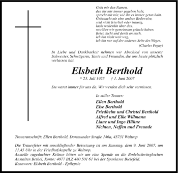 Traueranzeige von Elsbeth Berthold von Tageszeitung