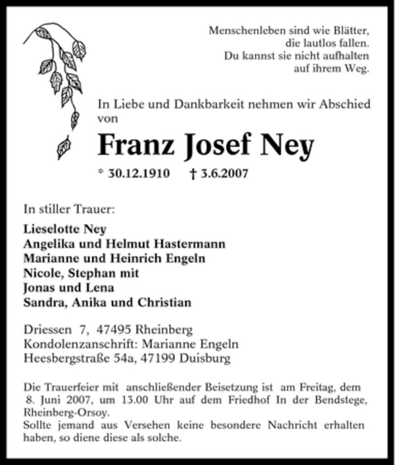  Traueranzeige für Franz Josef Ney vom 05.06.2007 aus Tageszeitung