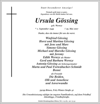 Traueranzeige von Ursula Gössing von Tageszeitung