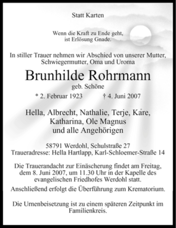 Traueranzeige von Brunhilde Rohrmann von Tageszeitung