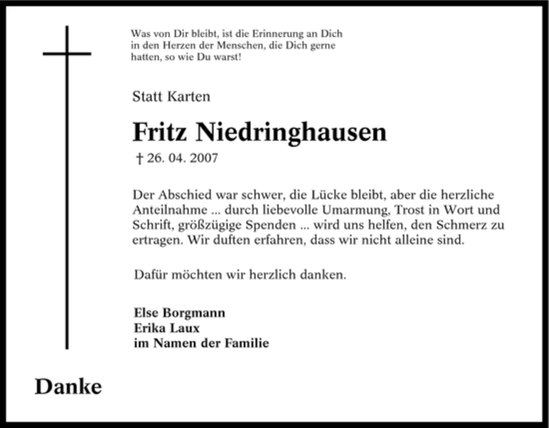  Traueranzeige für Fritz Niedringhausen vom 06.06.2007 aus Tageszeitung