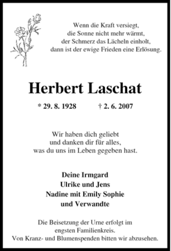  Traueranzeige für Herbert Laschat vom 06.06.2007 aus Tageszeitung