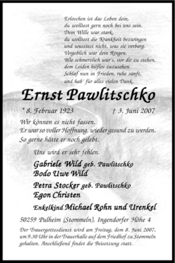 Traueranzeige von Ernst Pawlitschko von Tageszeitung