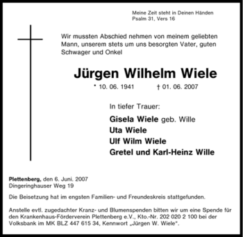 Traueranzeige von Jürgen Wilhelm Wiele von Tageszeitung