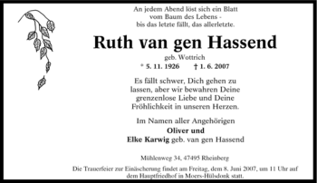 Traueranzeige von Ruth van gen Hassend von Tageszeitung