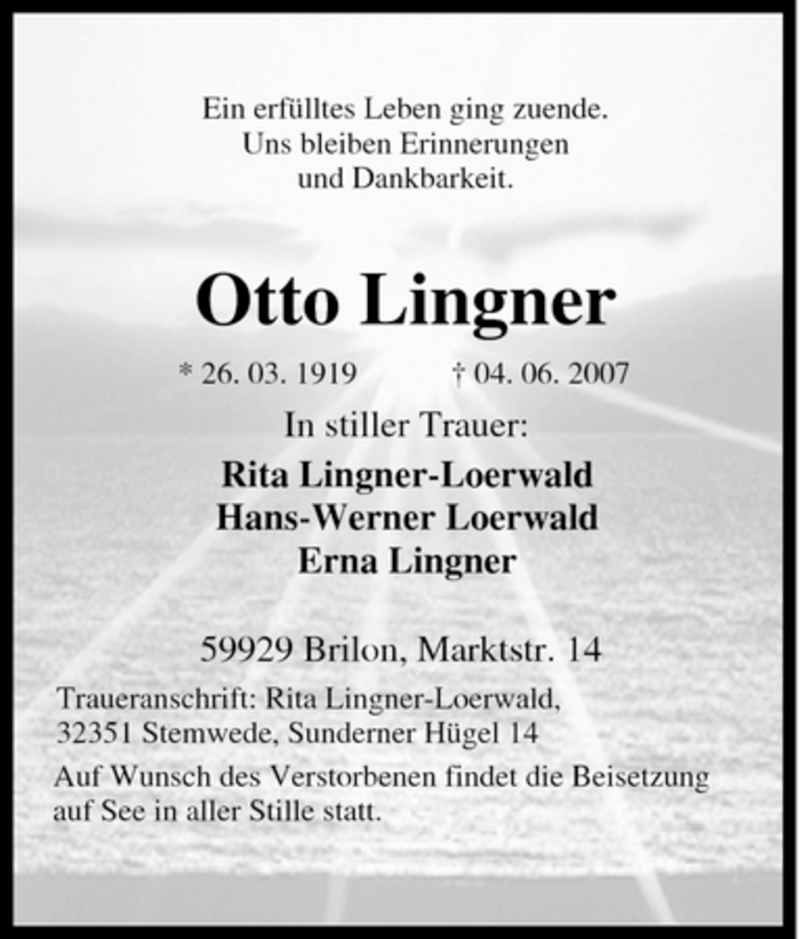 Traueranzeigen von Otto Lingner TrauerinNRW.de