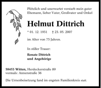 Traueranzeige von Helmut Dittrich von Tageszeitung
