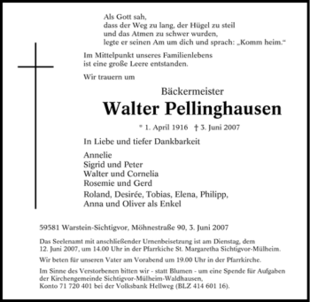 Traueranzeige von Walter Pellinghausen von Tageszeitung