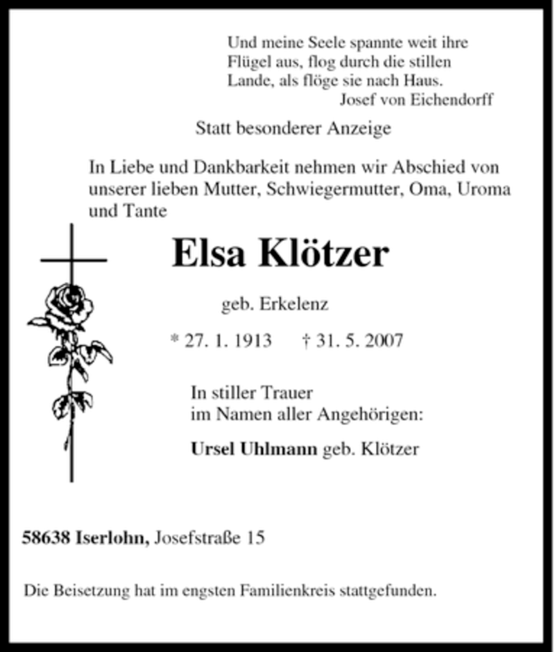  Traueranzeige für Elsa Klötzer vom 06.06.2007 aus Tageszeitung