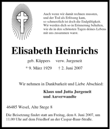 Traueranzeige von Elisabeth Heinrichs von Tageszeitung