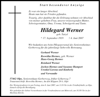 Traueranzeige von Hildegard Werner von Tageszeitung