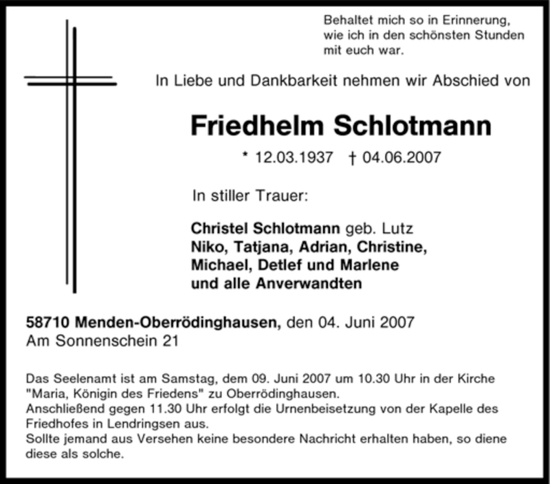  Traueranzeige für Friedhelm Schlotmann vom 06.06.2007 aus Tageszeitung