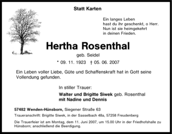 Traueranzeige von Hertha Rosenthal von Tageszeitung