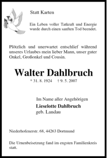 Traueranzeige von Walter Dahlbruch von Tageszeitung