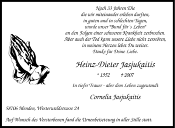 Traueranzeige von Heinz-Dieter Jasjukaitis von Tageszeitung