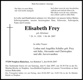 Traueranzeige von Elisabeth Frey von Tageszeitung