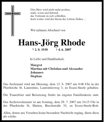 Traueranzeige von Hans-Jörg Rhode von Tageszeitung
