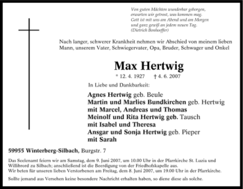 Traueranzeige von Max Hertwig von Tageszeitung