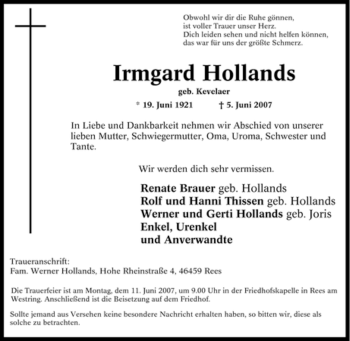 Traueranzeige von Irmgard Hollands von Tageszeitung