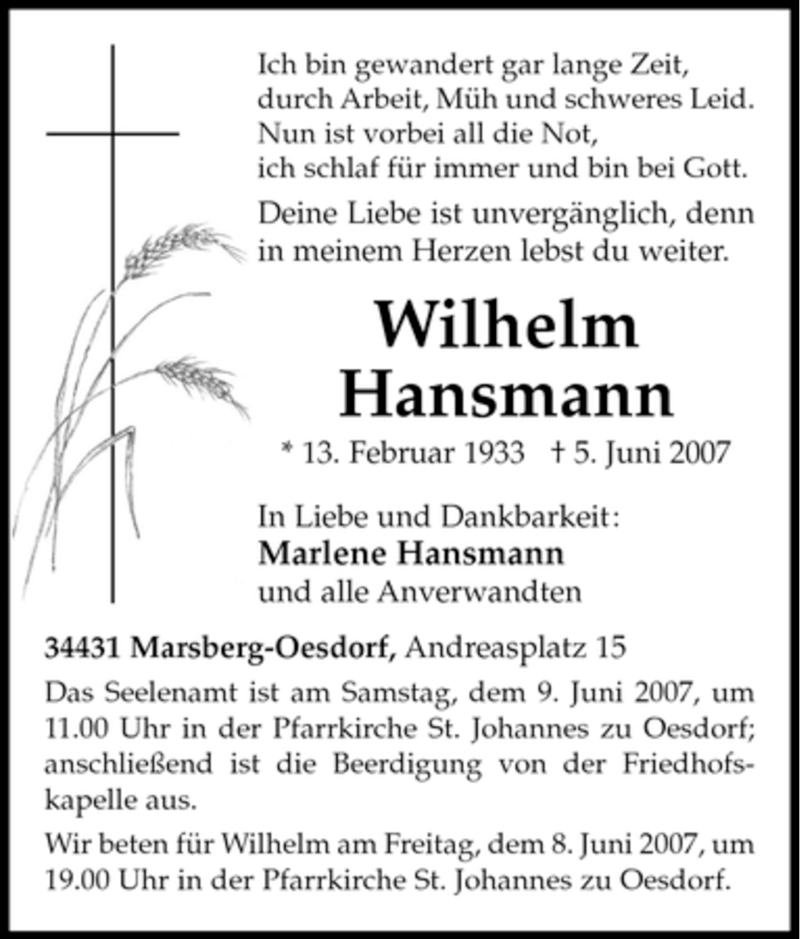  Traueranzeige für Wilhelm Hansmann vom 06.06.2007 aus Tageszeitung