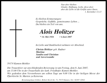 Traueranzeige von Alois Holitzer von Tageszeitung