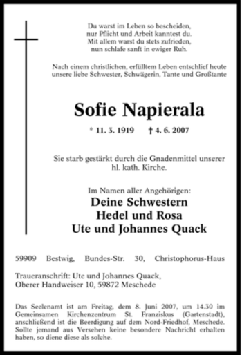 Traueranzeige von Sofie Napierala von Tageszeitung
