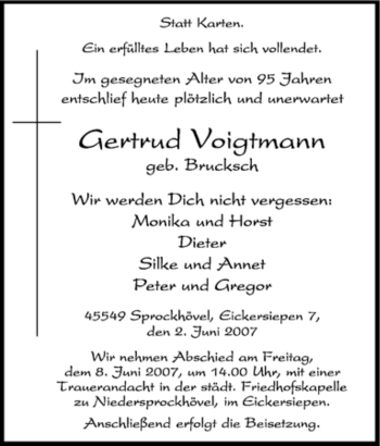 Traueranzeige von Gertrud Voigtmann von Tageszeitung