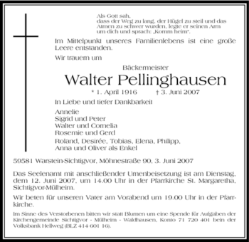 Traueranzeige von Walter Pellinghausen von Tageszeitung