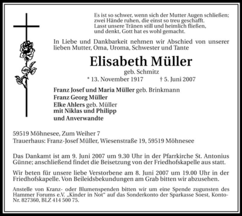  Traueranzeige für Elisabeth Müller vom 06.06.2007 aus Tageszeitung