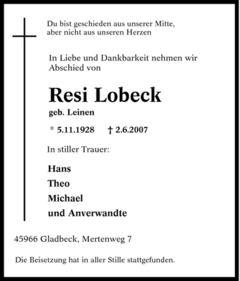  Traueranzeige für Resi Lobeck vom 07.06.2007 aus Tageszeitung