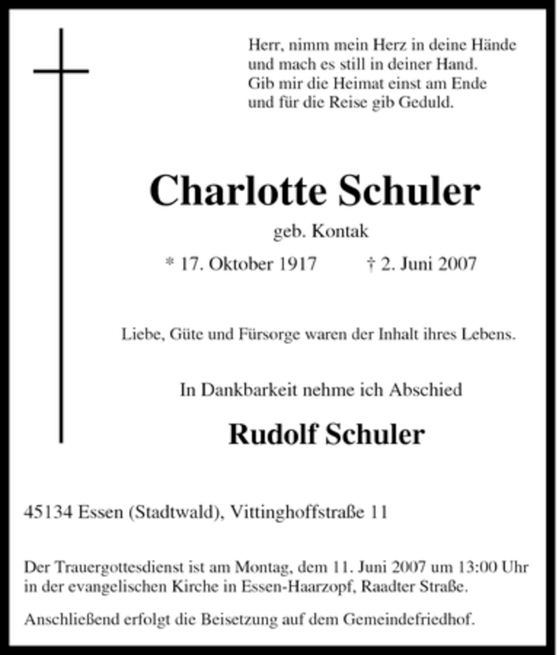  Traueranzeige für Charlotte Schuler vom 07.06.2007 aus Tageszeitung