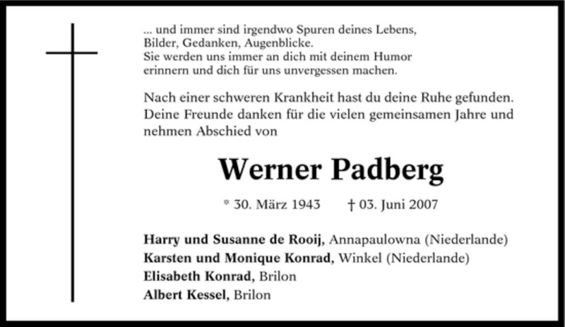  Traueranzeige für Werner Padberg vom 07.06.2007 aus Tageszeitung