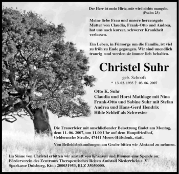 Traueranzeige von Christel Suhr von Tageszeitung