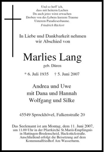 Traueranzeige von Marlies Lang von Tageszeitung