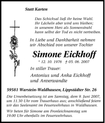 Traueranzeige von Simone Eickhoff von Tageszeitung