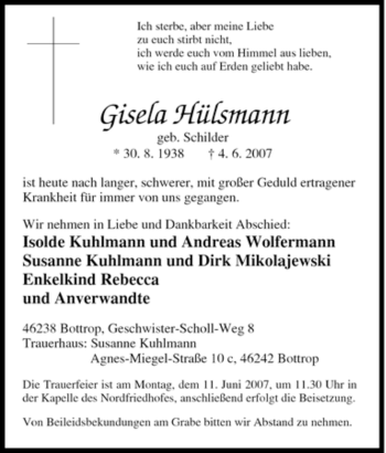 Traueranzeige von Gisela Hülsmann von Tageszeitung