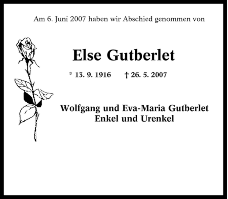  Traueranzeige für Else Gutberlet vom 07.06.2007 aus Tageszeitung