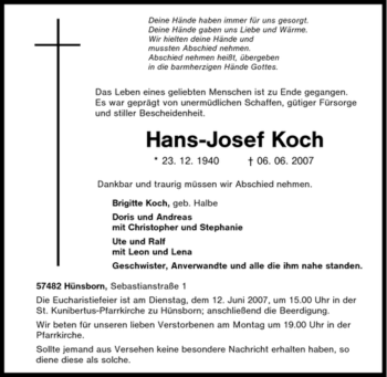 Traueranzeige von Hans-Josef Koch von Tageszeitung