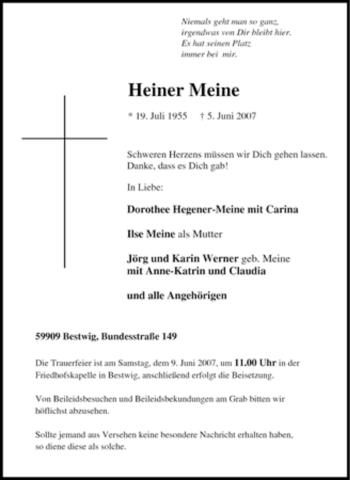 Traueranzeige von Heiner Meine von Tageszeitung